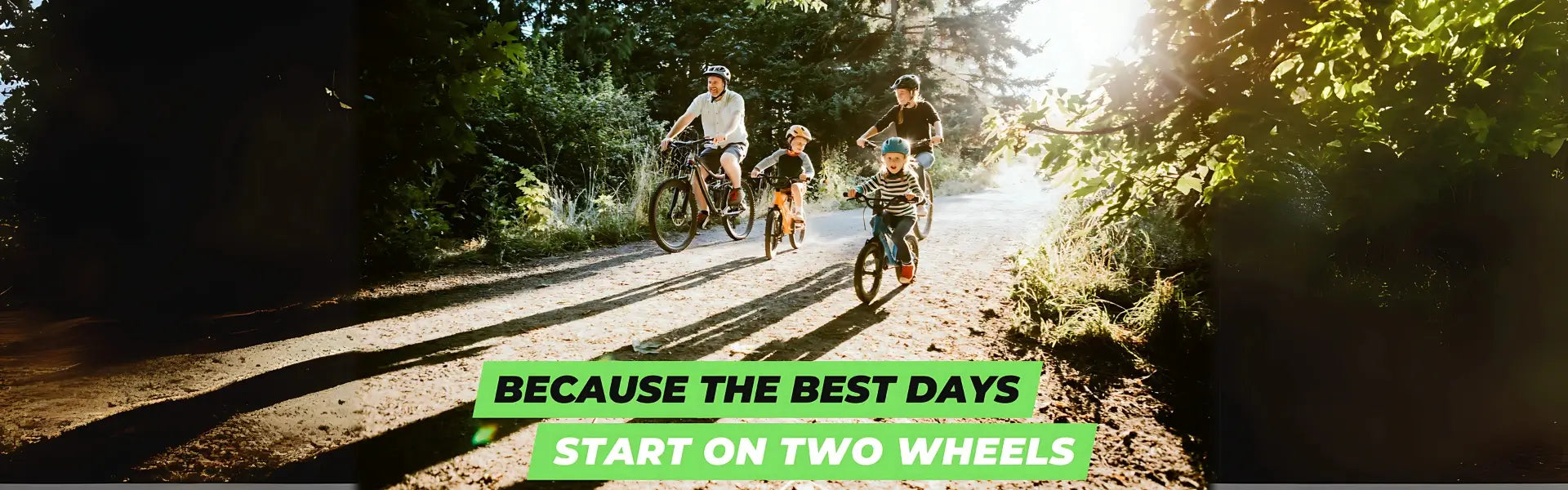 Family biking in the woods