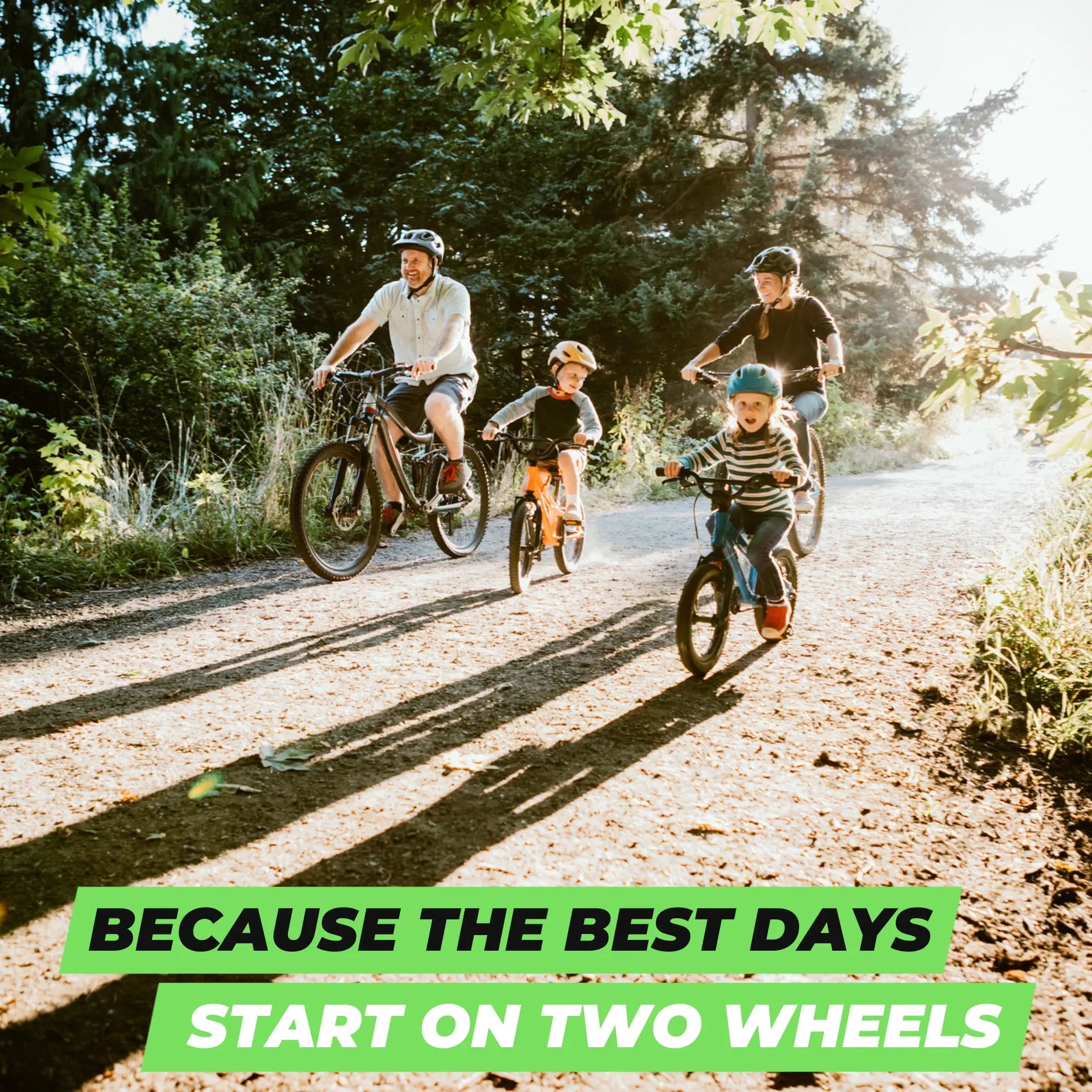 Family biking in the woods