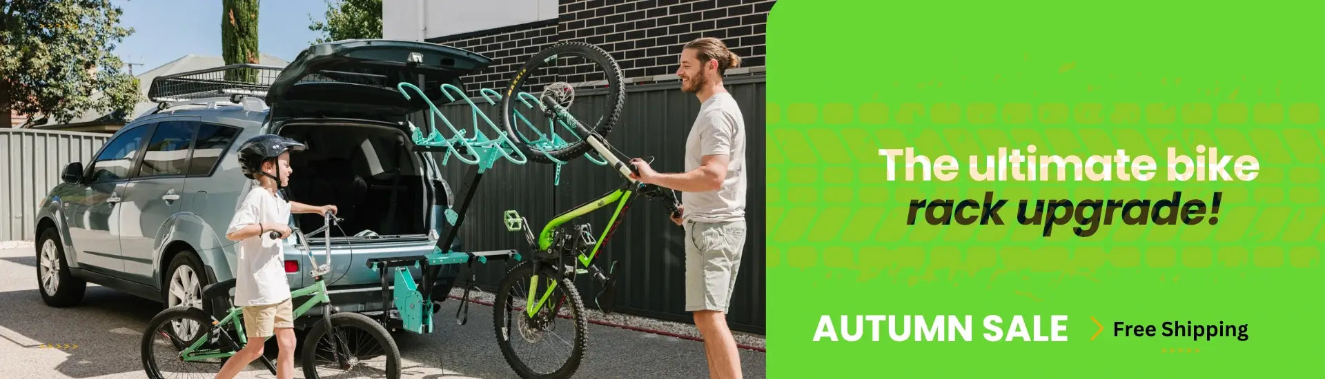 Father and son loading their bikes onto their SUV with JB Racks 4 Bike Rack Turquoise