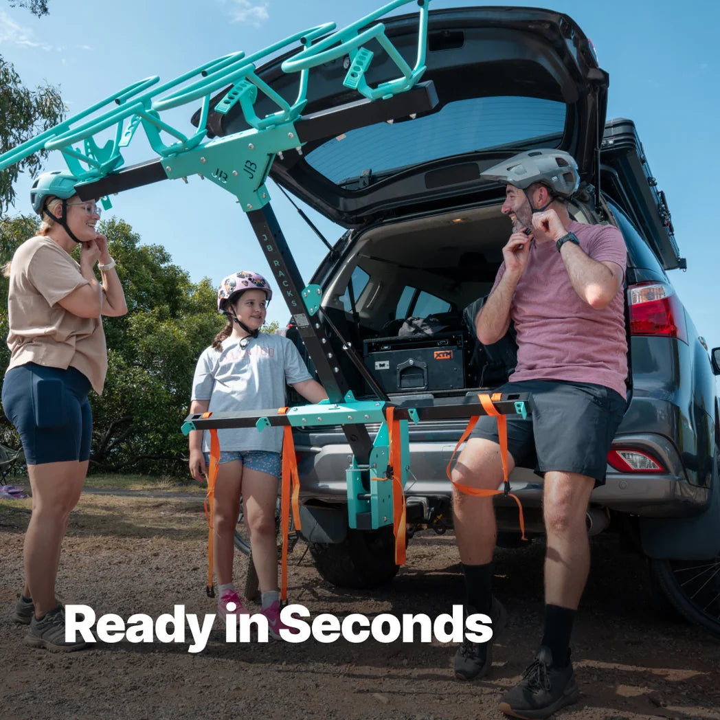 Three people preparing for an outdoor activity with a vehicle and equipment, text 'Ready in Seconds' displayed.