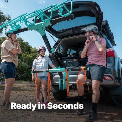 Three people preparing for an outdoor activity with a vehicle and equipment, text 'Ready in Seconds' displayed.