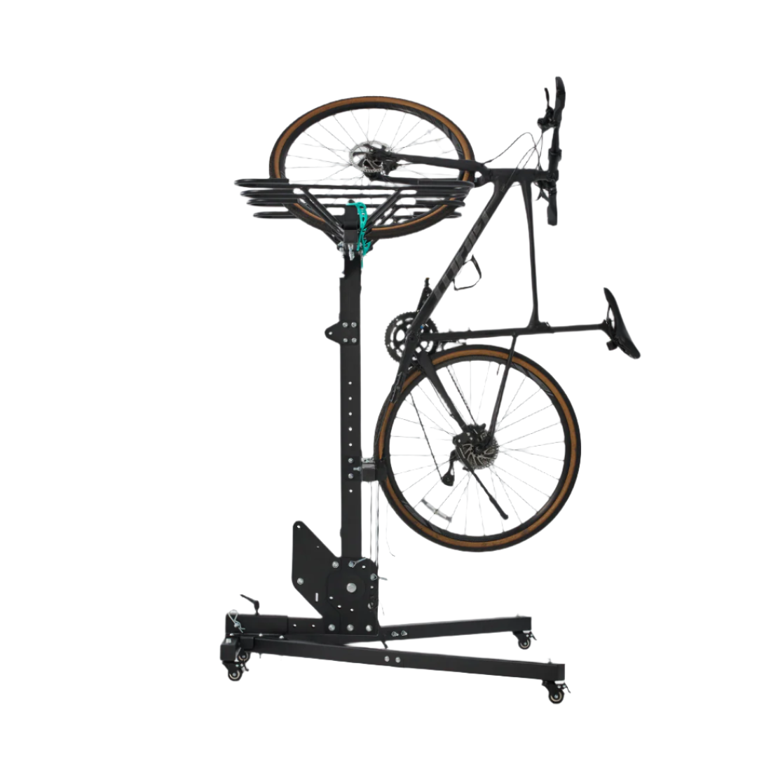 shed stand with bike mounted, white background